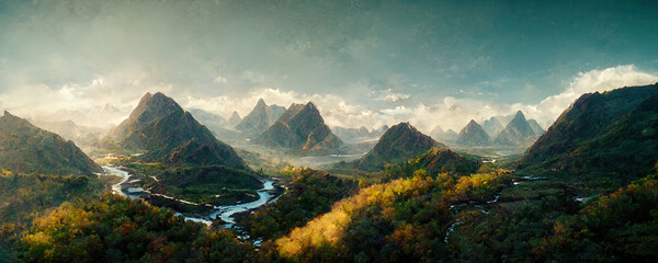 Fototapeta Fantasy Valley With rivers and mountains rising between them obraz