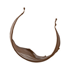 3d render, chocolate splash, cacao drink or coffee, splashing cooking ingredient. Brown beverage. Abstract wavy liquid clip art isolated on transparent background