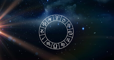 Image of wheel of zodiac signs over shining sun and stars on blue sky