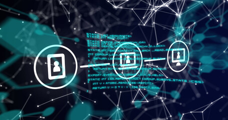 Image of connected digital communication media icons with network and data processing on black