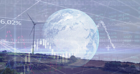 Image of network of connections and information processing over wind farm and globe