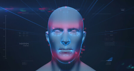 Image of spinning model of human head and data processing on interface