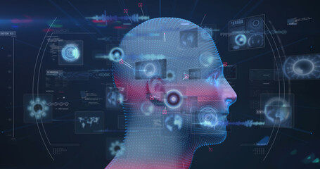Image of spinning model of human head and data processing on interface