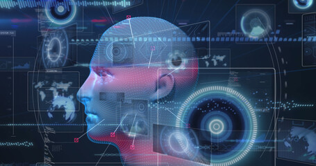 Image of spinning model of human head and data processing on interface