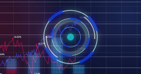 Financial data processing over grid networking against neon round scanner on blue background