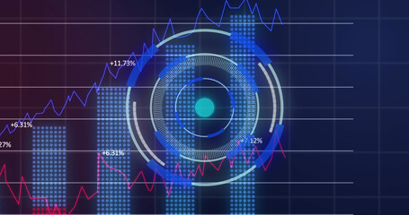 Financial data processing over grid networking against neon round scanner on blue background