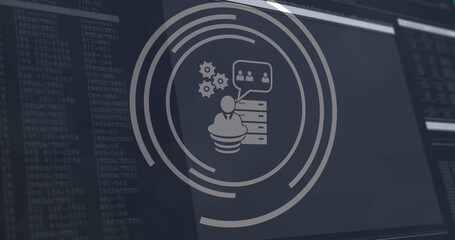 Image of digital icons and data processing over computer screens