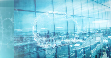 Image of human brain spinning with medical data processing over modern building and cityscape