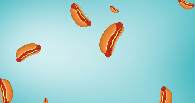 Image Of Multiple Hot Dogs Floating On Blue Background