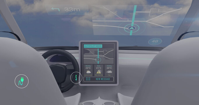 Image Of Network Of Eco And Environmentally Friendly Icons Over Inside Of The Car