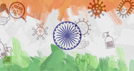 Composition of covid 19 cells icons over indian flag