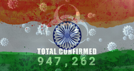 Composition of covid 19 cells and biohazard sign with number of cases over indian flag