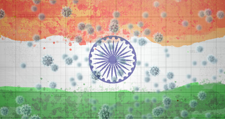Fototapeta na wymiar Composition of covid 19 cells and red lines statistics over indian flag