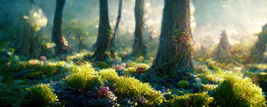 fantasy forest landscape with moss and trees
