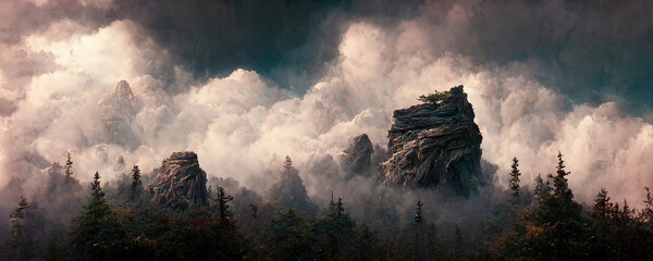 Fototapeta premium mystical landscape of mountains among the fog