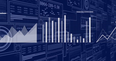 Image of digital data processing over dark blue background