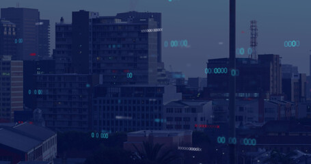 Image of digital data processing over cityscape