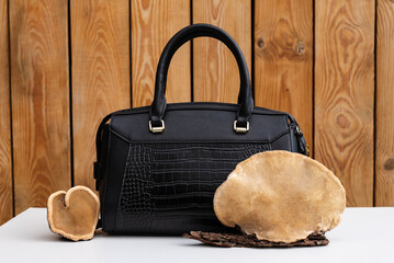 Concept of Mushroom leather - woman handbag and brown tree mushrooms. Sustainable textile made from...