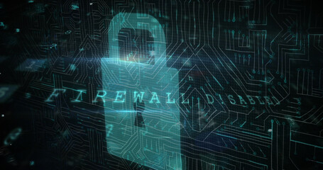 Cyber security data processing against security padlock icon and microprocessor connections