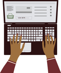 Online shopping Hands and laptop. Human enters bank card details to pay for purchases.