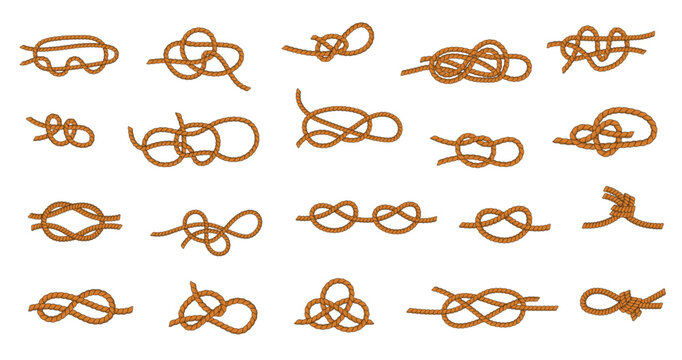 Rope knot. Marine and nautical ties and threads for boating and sailing, different types of tying knots graphic collection. Vector knotted rope set
