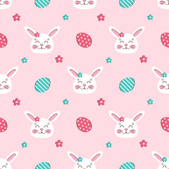 Seamless pattern cute easter rabbits with eggs and flowers on pink background. White happy bunny. Children vector illustration for fabric, textile, wallpaper