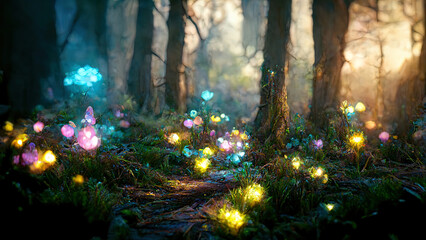 Magical forest with glowing colorful lights - obrazy, fototapety, plakaty