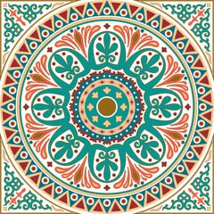 Vector colored green square classical ornament of Ancient Greece and Roman Empire. Tile, Arabesque, Byzantine pattern..