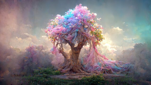 fantastic landscape with a fantasy tree of desires in pink-blue colors