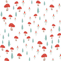 Trendy abstract pattern with mushrooms on white background. Summer background. Vintage background. 