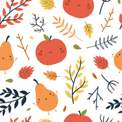 seamless vector colorful autumn pattern with leaves, apples, pears