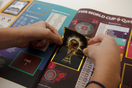 SAO PAULO, BRAZIL - Sept 8th, 2022: Selective focus of a Panini 2022 FIFA World Cup Qatar Official licensed sticker album.
