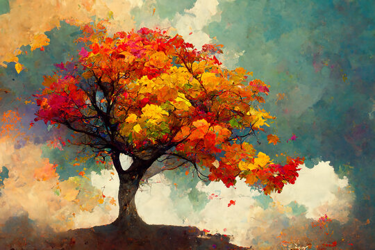Illustration of a tree with autumn foliage