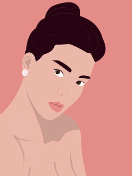 Portrait of asian woman The face of a beautiful young girl with an open neck. Vector illustration in flat style