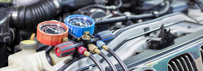Car air conditioner check service, leak detection, fill refrigerant.