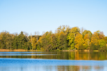 Lake view with colorful autumn colors on the woodland