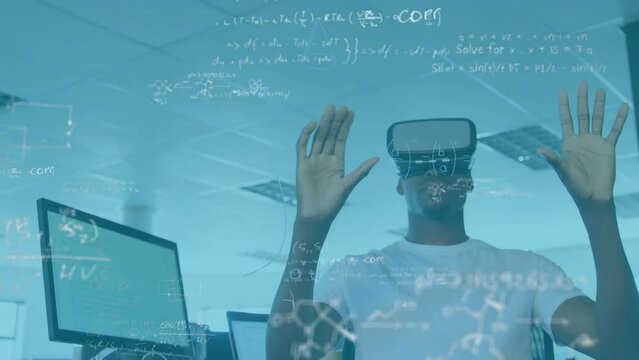 Animation of mathematical equations over african american man wearing vr headset