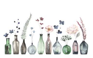 Set of glass bottles with flowers and plants, horizontal border, watercolor isolated illustration for poster or print. 