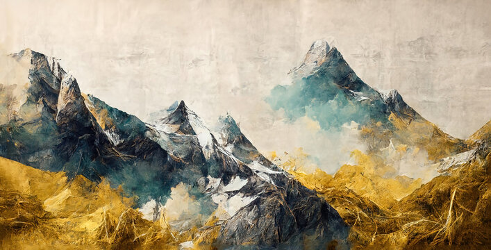 Watercolor mountain background. Luxurious mountainous terrain in oriental style. Wallpaper design, prints and invitations, postcards. Rocky mountains 3D illustration