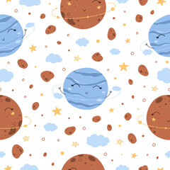 Seamless vector illustration pattern with space doodles of planets and asteroids