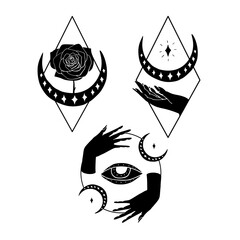Set of black silhouettes of mystical hands with evil eye, moons and rose flower. Hand drawn boho illustrations