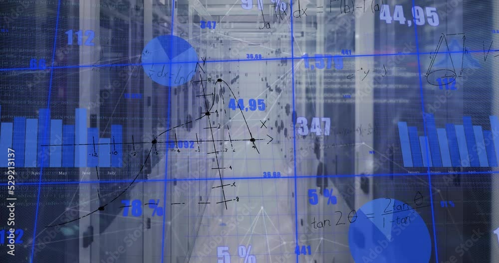 Poster animation of statistics, mathematical equations and data processing over computer servers