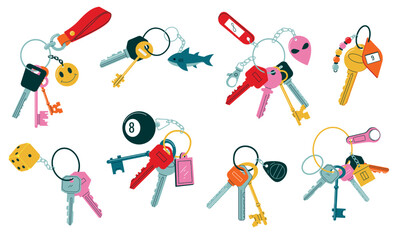 Doodle keychains. Vintage and modern keys with different heads keyrings and keyholders, simple real estate logo elements and house security symbols. Vector set