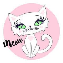 Meow. White cartoon kitten on a pink background. Vector