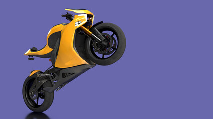 Fototapeta na wymiar 3d render yellow motorcycle in wiolet background very pery trend color motorcycle on the rear wheel dynamic movement
