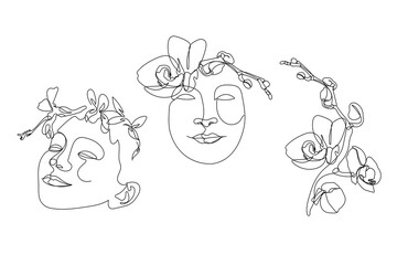 Set of one single line drawings of girl faces with flowers. Abstract minimalist trendy line art.