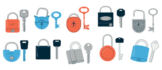 Keys and locks. Doodle vintage and modern abstract keys with different heads shapes and sizes, secure tools symbols and real estate logos. Vector set