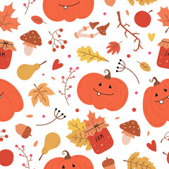 seamless vector colorful autumn pattern with leaves, pumpkins, mushrooms