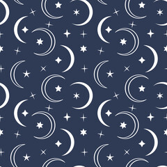 Monochrome seamless pattern with white moon and stars on blue background