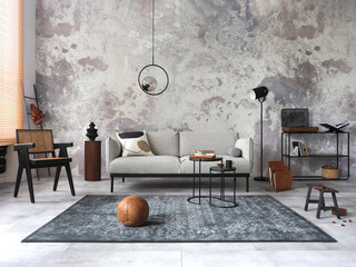 Exquisite and modern composition of living room interior with design grey sofa, furnitures, round...